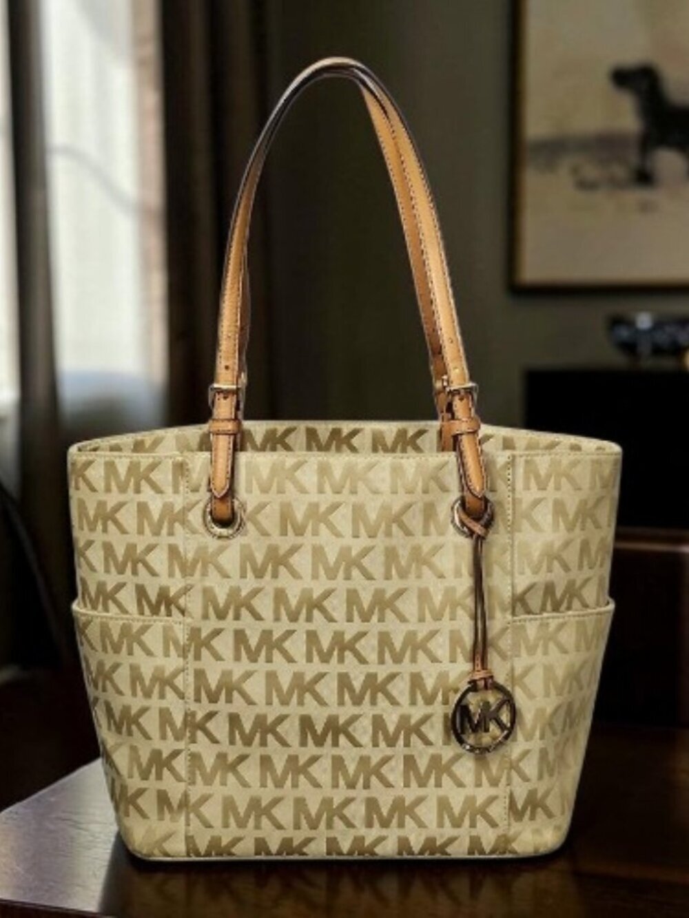 Michael Kors Jet Set Monogram Canvas Leather Boho Tote Shoulder Bag COA Beige